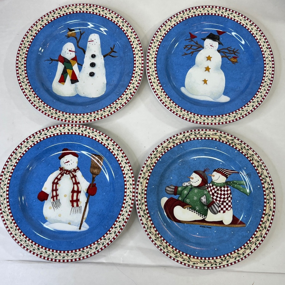 Sakura Debbie Mumm Jolly Snowmen Salad Plates Set of 4 Blue Stoneware 8.25 in